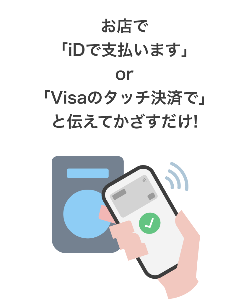 point 02　お店で「iDで支払います」or「Visaのタッチ決済で」と伝えてかざすだけ! ※『「d払いタッチ」で支払います』とお伝えしないようご注意ください。