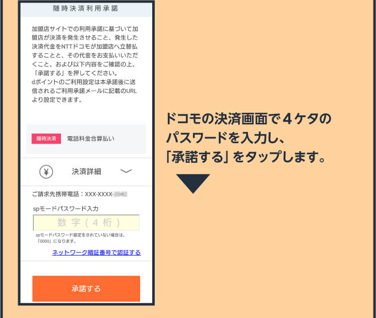 ドコモの決済画面で4ケタのパスワードを入力し、「承諾する」をタップします。