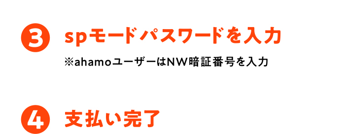 (3)spモードパスワードを入力 ※ahamoユーザーはNW暗証番号を入力 (4)支払い完了