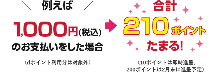 例えば1,000円（税込）のお支払いをした場合（dポイント利用分は対象外）合計210ポイントたまる！（10ポイントは即時進呈、200ポイントは2月末に進呈予定）