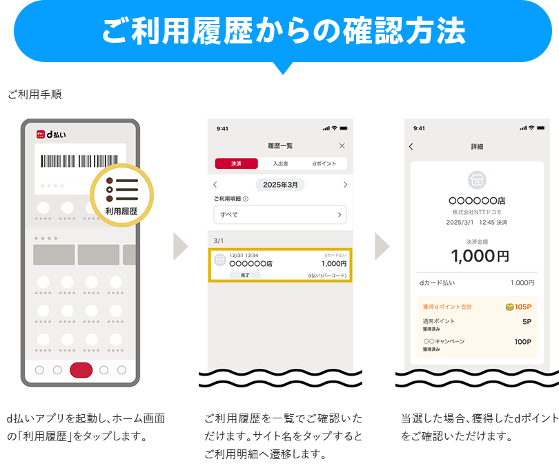 ご利用履歴からの確認方法 ご利用手順 d払いアプリを起動し、ホーム画面の「利用履歴」をタップします。 ご利用履歴を一覧でご確認いただけます。サイト名をタップするとご利用明細へ遷移します。 当選した場合、獲得したdポイントをご確認いただけます。