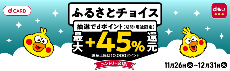 ふるさとチョイス 抽選でdポイント（期間・用途限定）最大+45%還元 11月26日（火）～12月31日（火）