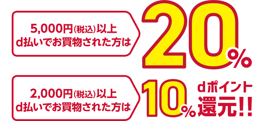 5,000円(税込)以上d払いでお買物された方は20% 2,000円(税込)以上d払いでお買物された方は10%dポイント還元!!