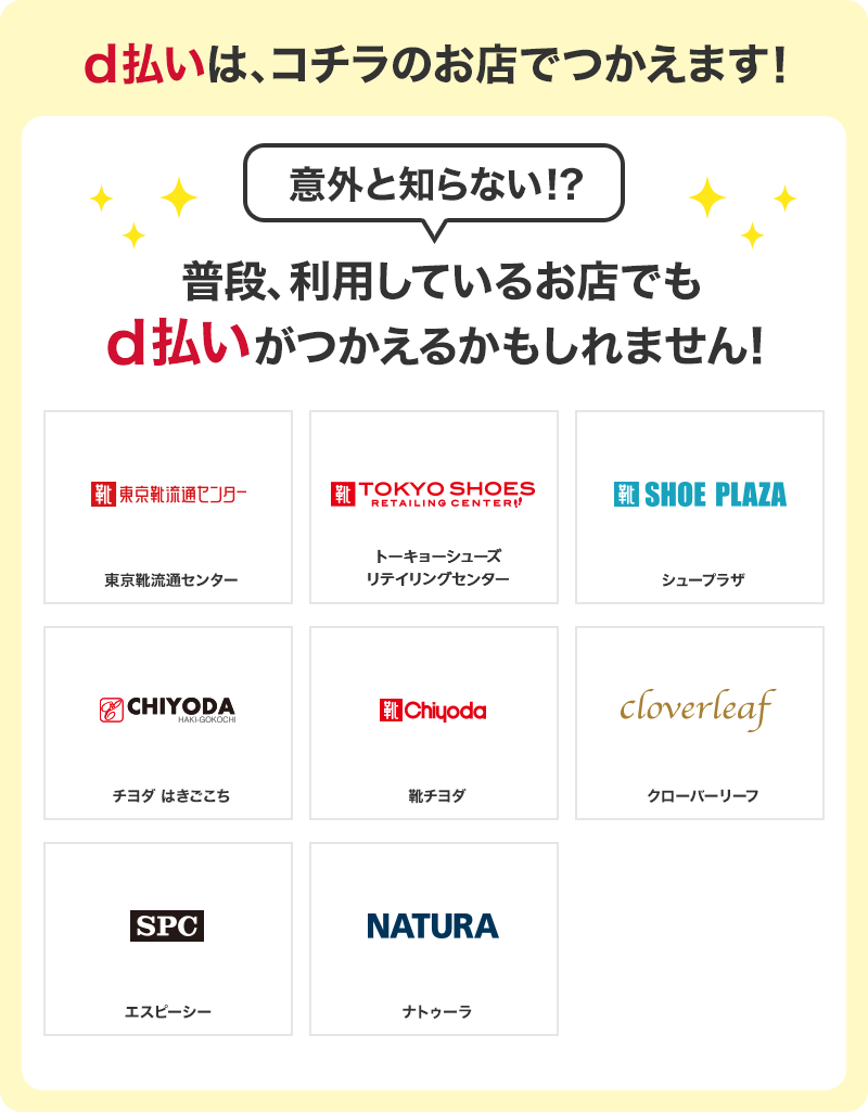 d払いは、コチラのお店でつかえます! 意外と知らない!? 普段、利用しているお店でもd払いがつかえるかもしれません! 東京靴流通センター トーキョーシューズリテイリングセンター シュープラザ チヨダ はきごこち 靴チヨダ クローバーリーフ エスピーシー ナトゥーラ