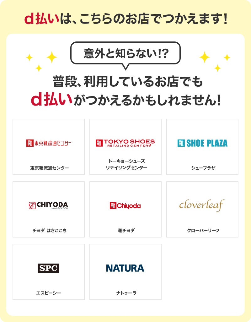 d払いは、こちらのお店でつかえます！ 意外と知らない！？ 普段、利用しているお店でもd払いがつかえるかもしれません！ 東京靴流通センター トーキョーシューズリテイリングセンター シュープラザ チヨダ はきごこち 靴チヨダ クローバーリーフ エスピーシー ナトゥーラ
