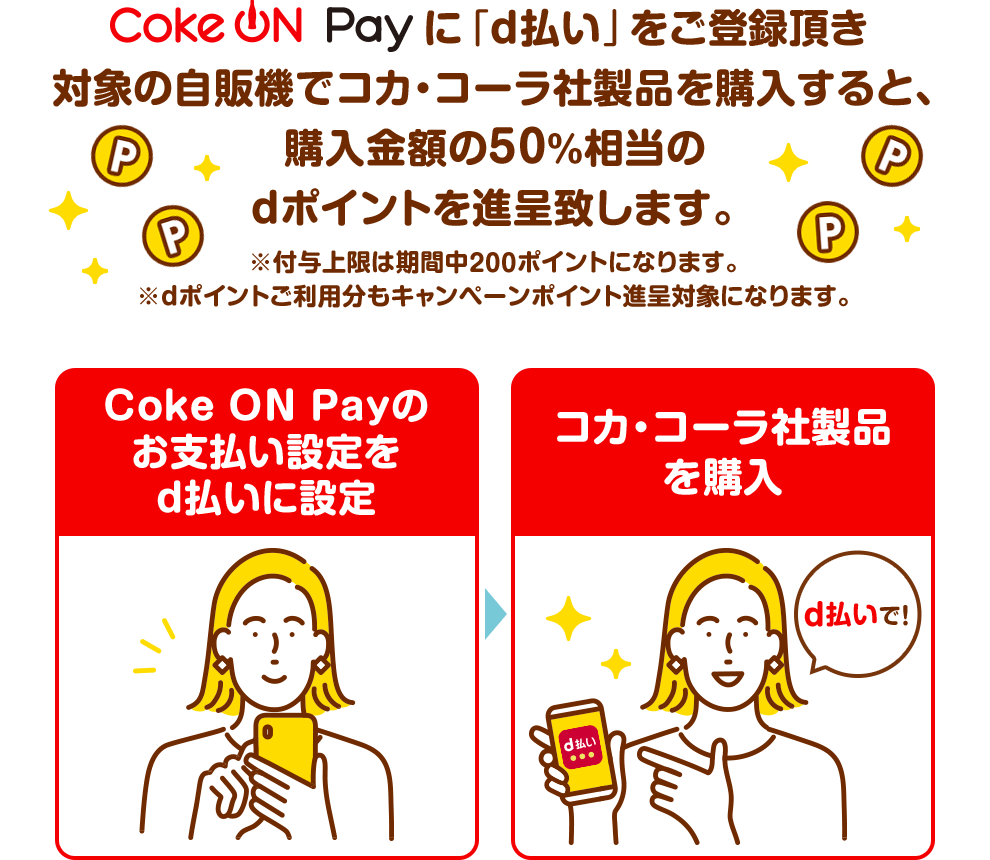 Coke ON Payに「d払い」をご登録頂き対象の自販機でコカ・コーラ社製品を購入すると、購入金額の50％相当のdポイントを進呈致します。 ※付与上限は期間中200ポイントになります。 ※dポイントご利用分もキャンペーンポイント進呈対象になります。 Coke ON Payのお支払い設定をd払いに設定→コカ・コーラ社製品を購入 d払いで！