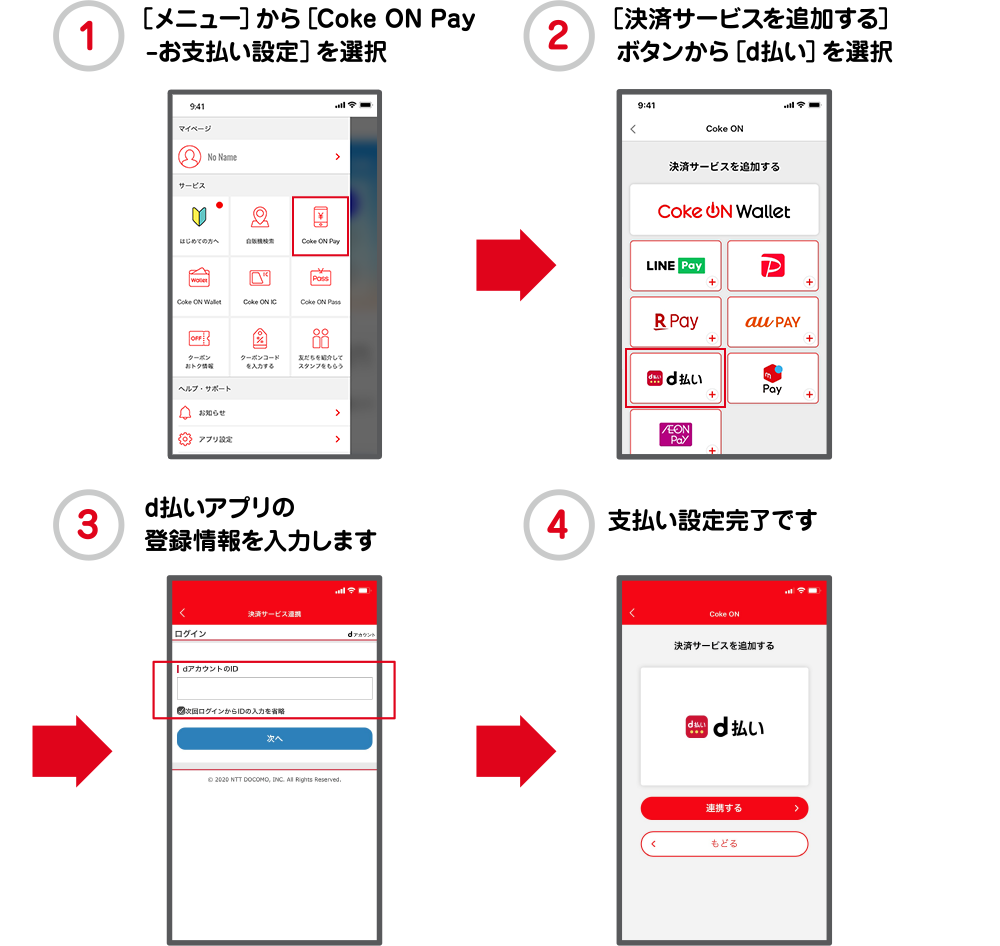 ①［メニュー］から［Coke ON Pay－お支払い設定］を選択 ②［決済サービスを追加する］ボタンから［d払い］を選択 ③d払いアプリの登録情報を入力します ④支払い設定完了です