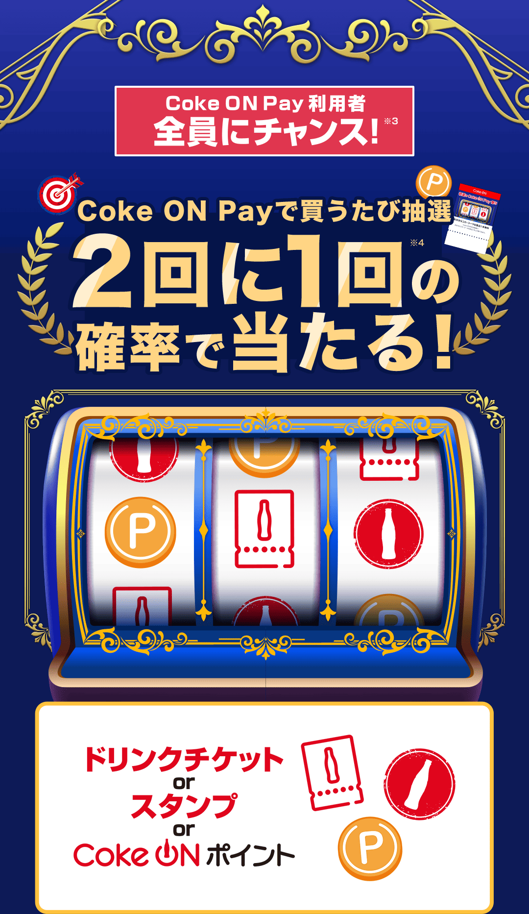 Coke ON Pay利用者全員にチャンス!※3 Coke ON Payで買うたび抽選2回に1回の確率で当たる! ※4 ドリンクチケットorスタンプorCoke ONポイント