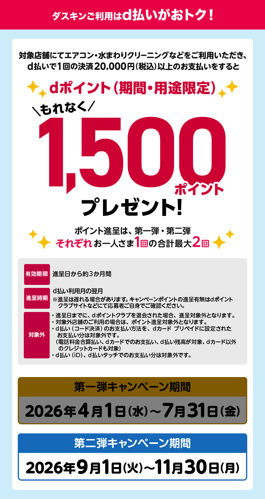 ダスキンご利用はd払いがおトク！ 対象店舗にてエアコン・水まわりクリーニングなどをご利用いただき、d払いで1回の決済20,000円（税込）以上のお支払いをすると dポイント（期間・用途限定）もれなく1,500ポイントプレゼント！ ポイント進呈は、第一弾・第二弾それぞれお一人さま1回の合計最大2回 有効期限 進呈日から約3か月間 進呈時期 d払い利用月の翌月 ※進呈は遅れる場合があります。キャンペーンポイントの進呈有無はdポイントクラブサイトなどにて応募者ご自身でご確認ください。 対象外 ・進呈日までに、dポイントクラブを退会された場合、 進呈対象外となります。・対象外店舗のご利用の場合は、ポイント進呈対象外となります。・d払い（コード決済） のお支払い方法を、 dカード プリペイドに設定されたお支払い分は対象外です。（電話料金合算払い、dカードでのお支払い、d払い残高が対象、dカード以外のクレジットカードも対象）・d払い（iD）、d払いタッチでのお支払い分は対象外です。 第一弾キャンペーン期間 2026年4月1日（水）～7月31日（金） 第二弾キャンペーン期間 2026年9月1日（火）～11月30日（月）