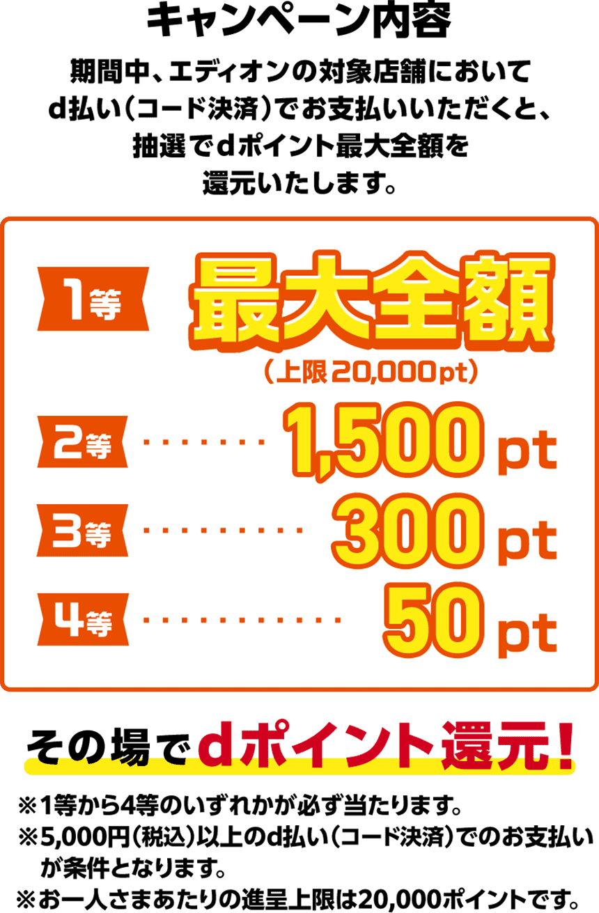 エディオン・100満ボルト 抽選でdポイント最大全額還元キャンペーン｜d払い - dポイントがたまる！かんたん、便利なスマホ決済