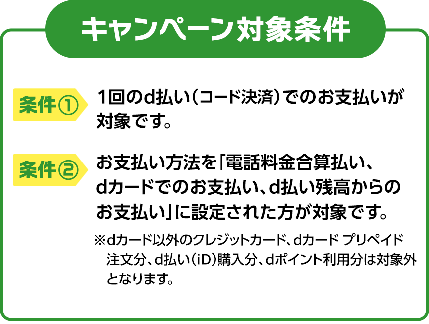 キャンペーン対象条件 条件① 1回のd払い（コード決済）でのお支払いが対象です。条件② お支払い方法を「電話料金合算払い、dカードでのお支払い、d払い残高からのお支払い」に設定された方が対象です。 ※dカード以外のクレジットカード、dカード プリペイド 注文分、d払い（iD）購入分、dポイント利用分は対象外となります。