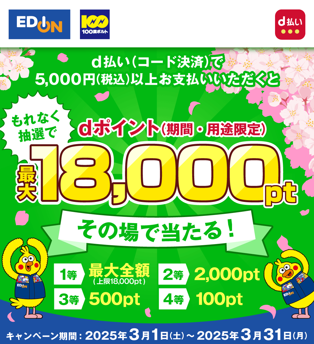 エディオン 100満ボルト d払い d払い（コード決済）で 5,000円（税込）以上お支払いいただくともれなく抽選でdポイント（期間・用途限定）最大18,000ptその場で当たる！ 1等 最大全額 （上限18,000pt） 2等 2,000pt 3等 500pt 4等 100pt キャンペーン期間：2025年3月1日（土）～2025年3月31日（月）