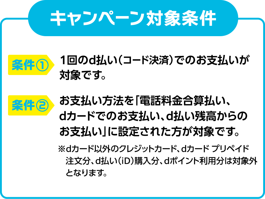 キャンペーン対象条件 条件① 1回のd払い（コード決済）でのお支払いが対象です。条件② お支払い方法を「電話料金合算払い、dカードでのお支払い、d払い残高からのお支払い」に設定された方が対象です。 ※dカード以外のクレジットカード、dカード プリペイド 注文分、d払い（iD）購入分、dポイント利用分は対象外となります。