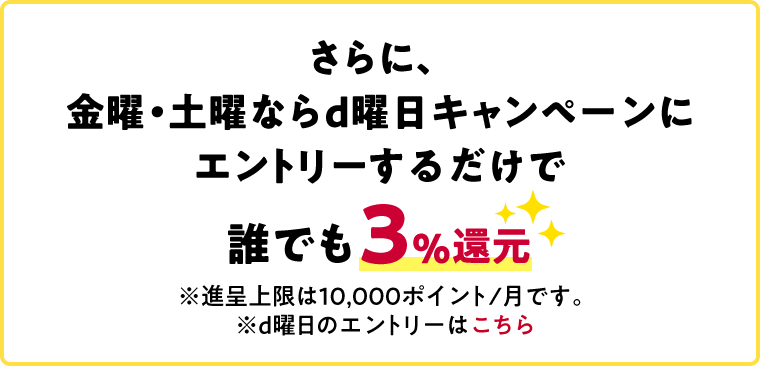 さらに、金曜・土曜ならd曜日キャンペーンにエントリーするだけで誰でも3％還元※進呈上限は10,000ポイント/月です。※d曜日のエントリーはこちら