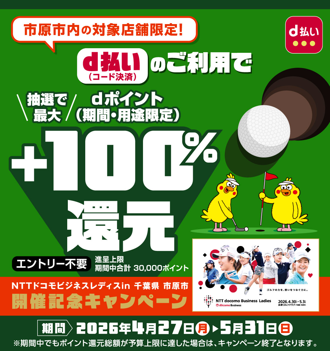 d払い 市原市内の対象店舗限定！ d払い（コード決済）のご利用で抽選で最大dポイント（期間・用途限定）＋100％還元 エントリー不要 進呈上限：期間中合計30,000ポイント NTTドコモビジネスレディスin千葉県市原市 開催記念キャンペーン 期間：2026年4月27日（月）＞5月31日（日） ※期間中でもポイント還元総額が予算上限に達した場合は、キャンペーン終了となります。
