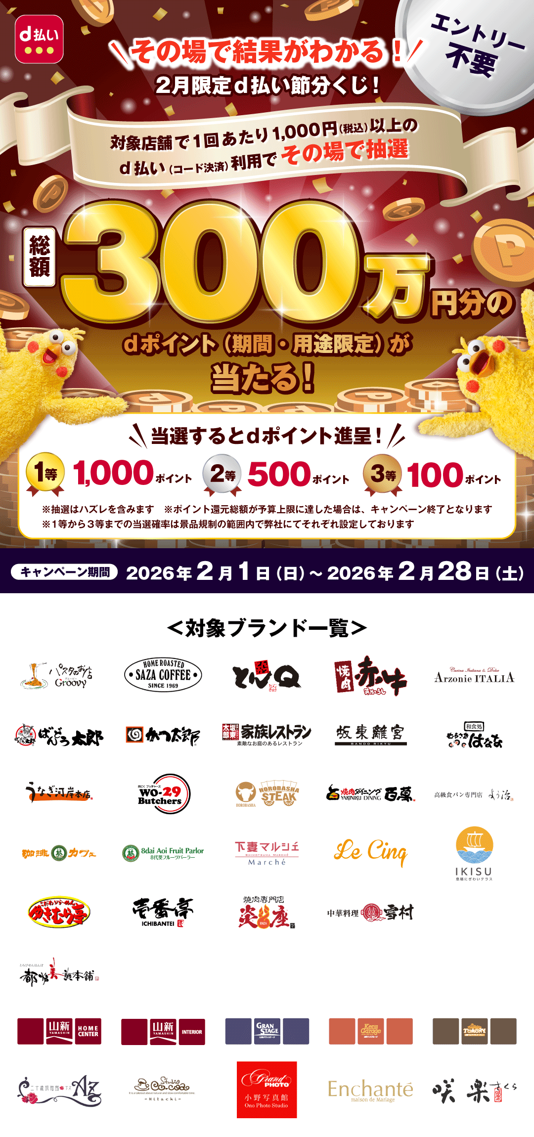 d払い その場で結果がわかる! 2月限定d払い節分くじ! エントリー不要 対象店舗で1回あたり1,000円(税込)以上のd払い(コード決済)利用でその場で抽選 総額300万円分のdポイント(期間・用途限定)が当たる! 当選するとdポイント進呈! 1等1,000ポイント 2等500ポイント 3等100ポイント ※抽選はハズレを含みます ※ポイント還元総額が予算上限に達した場合は、キャンペーン終了となります ※1等から3等までの当選確率は景品規制の範囲内で弊社にてそれぞれ設定しております キャンペーン期間 2026年2月1日(日)~2026年2月28日(土) 対象ブランド一覧 グルービー、サザコーヒー、とんかつ とんQ、赤牛、アルゾーニ・イタリア、ばんどう太郎、かつ太郎、家族レストラン坂東太郎、坂東離宮、和食処むらさきはなな、うなぎ河岸、WO-29 Butchers、ステーキハウス幌馬車、焼肉ダイニング百萬、よう治、8代葵カフェ、8代葵フルーツパーラー、下妻マルシェ、ル・サンク、息栖にぎわいテラス、ゆきむら亭、壱番亭、炎座、中華料理雪村、都炉美煎本舗、ホームセンター 山新、インテリアショップ 山新、 山新グランステージ、山新ケンズガレージ、山新ペットアイランド・トモニー、二十歳振袖館Az、スタジオCocoa、グランフォト小野写真館、アンシャンテ、桐のかほり 咲楽