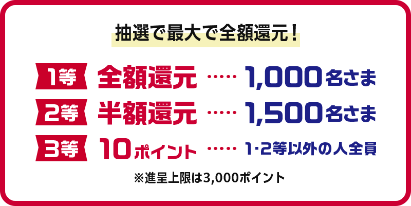 抽選で最大で全額還元！ 1等 全額還元・・・1,000名さま 2等 半額還元・・・1,500名さま 3等 10ポイント・・・1・2等以外の人全員 ※進呈上限は3,000ポイント