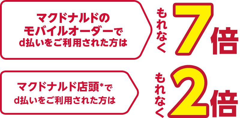 マクドナルドのモバイルオーダーでd払いをご利用された方はもれなく7倍 マクドナルド店頭＊でd払いをご利用された方はもれなく2倍