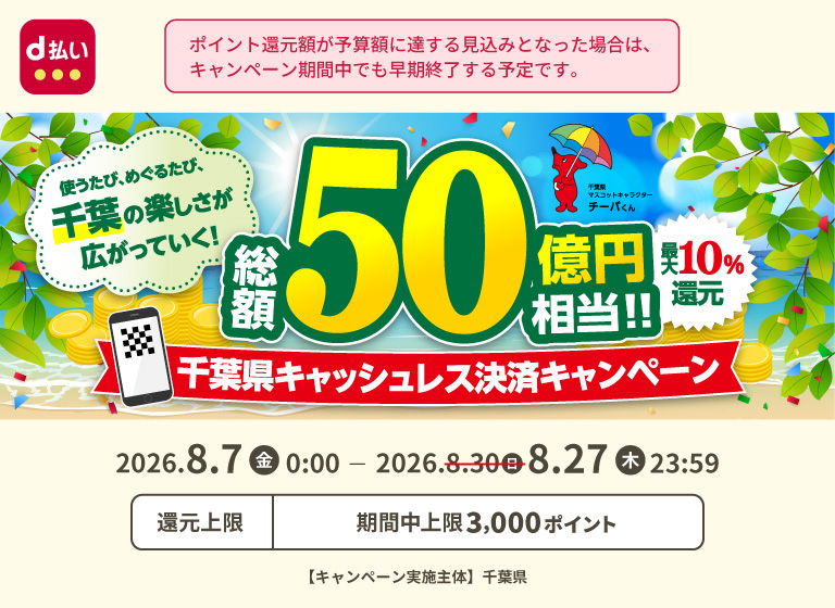 ポイント還元額が予算額に達する見込みとなった場合は、キャンペーン期間中でも早期終了する予定です。 d払い 使うたび、めぐるたび、千葉の楽しさが広がっていく！総額50億円相当！！ 最大10％還元 千葉県キャッシュレス決済キャンペーン 2026年8月7日（金）0：00～2026年8月27日（木）23：59 還元上限：期間中上限3,000ポイント 【キャンペーン実施主体】千葉県