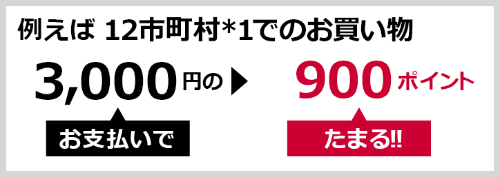 例えば 12市町村*1でのお買い物	3,000円のお支払いで▶900ポイントたまる！！