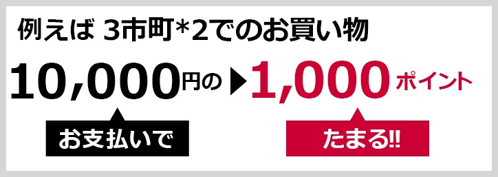 例えば 3市町*2でのお買い物 10,000円のお支払いで▶1,000ポイントたまる！！