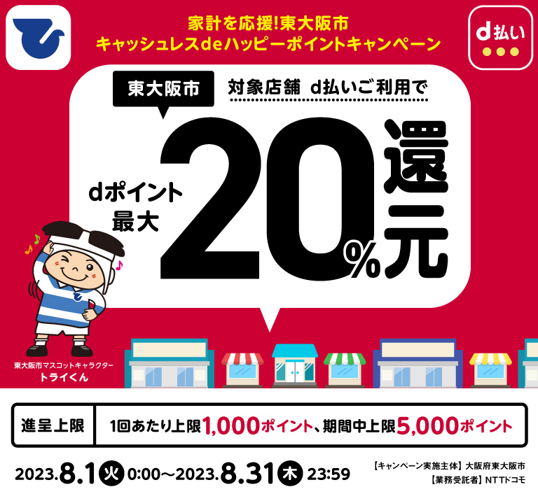 大阪府東大阪市 家計を応援!東大阪市キャッシュレスdeハッピーポイントキャンペーン 対象店舗 d払いご利用でdポイント最大20%還元