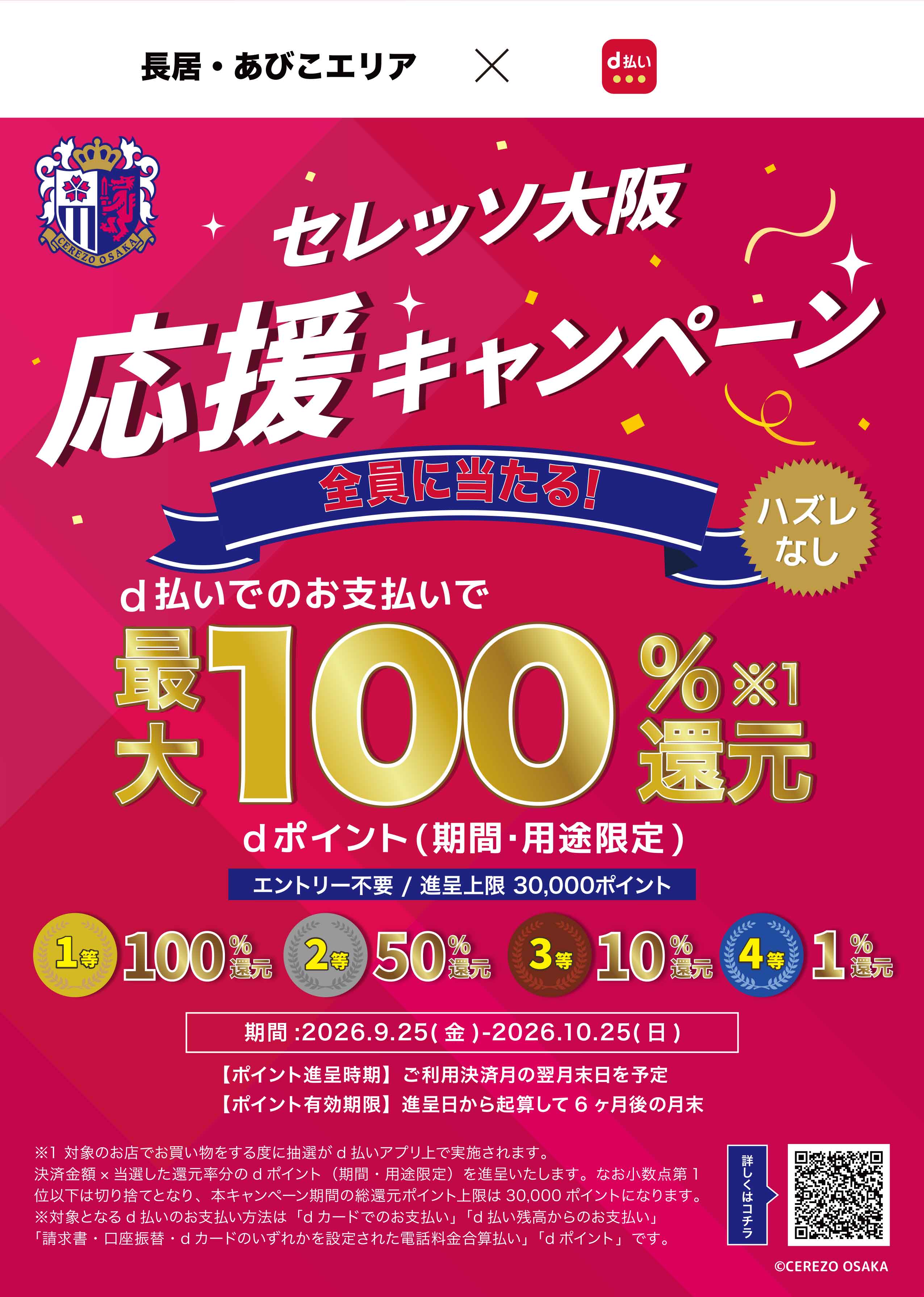 最大【＋100％還元】d払い×セレッソ大阪応援店エリアキャンペーン