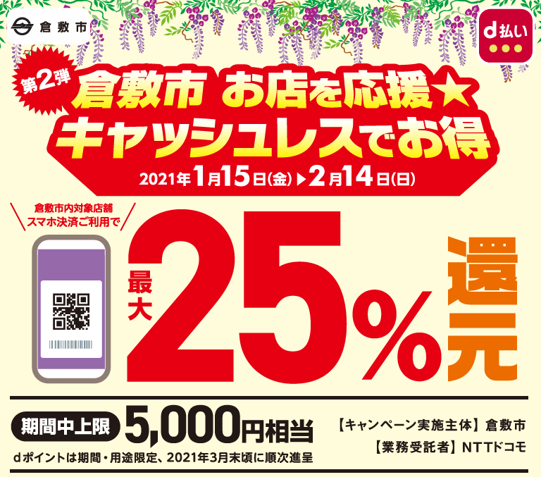 第2弾 倉敷市お店を応援★ キャッシュレスでお得 倉敷市内対象店舗スマホ決済ご利用で最大25%還元 期間中上限5,000円相当 dポイントは期間・用途限定、ご利用決済月の翌月末頃に進呈 2021年1月15日(金)から2月14日(日)まで キャンペーン実施主体倉敷市 業務受託者NTTドコモ