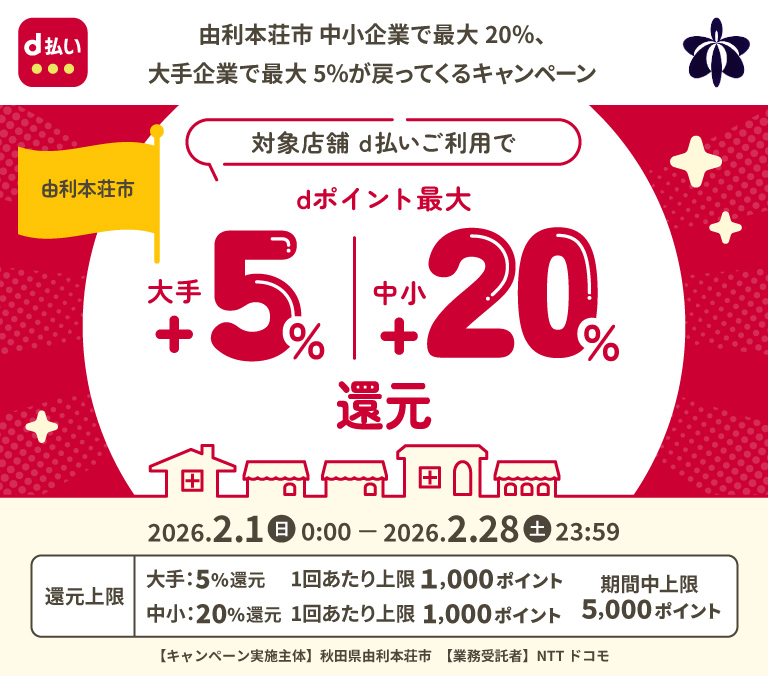 由利本荘市 中小企業で最大20％、大手企業で最大5％が戻ってくるキャンペーン