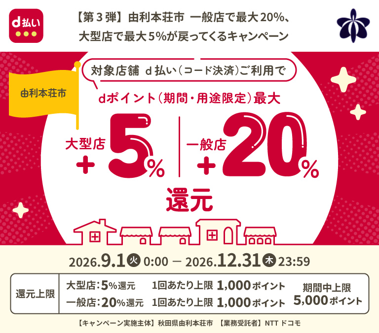 d払い 【第3弾】由利本荘市 一般店で最大20％、大型店で最大5％が戻ってくるキャンペーン 由利本荘市 対象店舗d払い（コード決済）ご利用でdポイント（期間・用途限定）最大 大型店＋5％ 一般店＋20％ 還元 2026．9．1（火）0：00－2026．12．31（木）23：59 還元上限 大型店：5％還元 1回あたり上限1,000ポイント 一般店：20％還元 1回あたり上限1,000ポイント 期間中上限5,000ポイント 【キャンペーン実施主体】秋田県由利本荘市 【業務受託者】NTT ドコモ