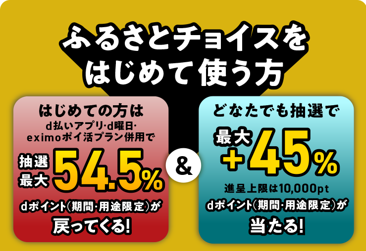 ふるさとチョイスをはじめて使う方　はじめての方はd払いアプリ・d曜日・eximoポイ活プラン併用で抽選最大54.5% dポイント（期間・用途限定）が戻ってくる！ ＆ どなたでも抽選で最大+45% 進呈上限は10,000pt dポイント（期間・用途限定）が当たる！