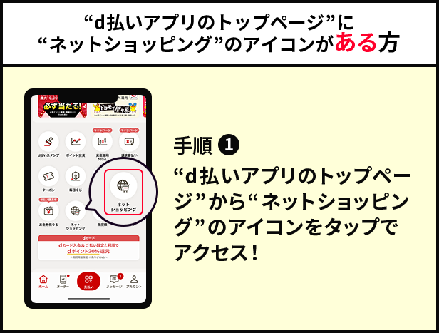 “d払いアプリのトップページ”に“ネットショッピング”のアイコンがある方　手順①　“d払いアプリのトップページ”から“ネットショッピング”のアイコンをタップでアクセス！