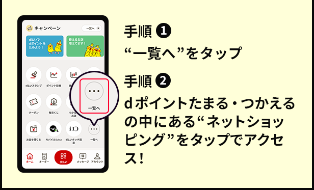 手順①　一覧へをタップ　手順②　dポイントたまる・つかえるの中にあるネットショッピングをタップでアクセス！
