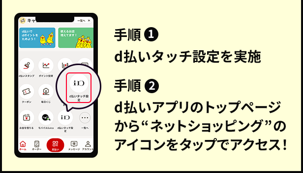 手順①　d払いタッチ設定を実施　手順②　d払いアプリのトップページから“ネットショッピング”のアイコンをタップでアクセス！