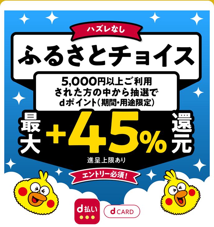 ハズレなし ふるさとチョイス 5,000円以上ご利用された方の中から抽選で 最大+45%還元 進呈上限あり エントリー必須!