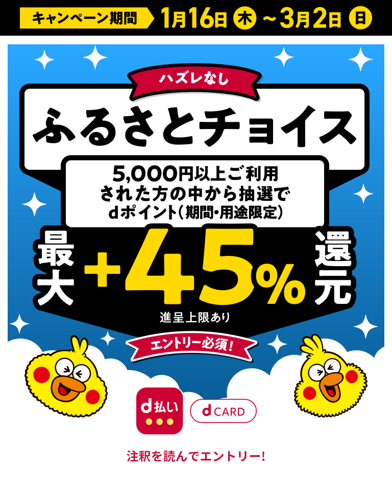 ハズレなし ふるさとチョイス 5,000円以上ご利用された方の中から抽選で 最大+45%還元 進呈上限あり エントリー必須!