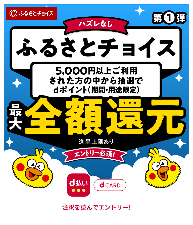 ハズレなし ふるさとチョイス 5,000円以上ご利用された方の中から抽選で 最大全額還元 進呈上限あり エントリー必須!