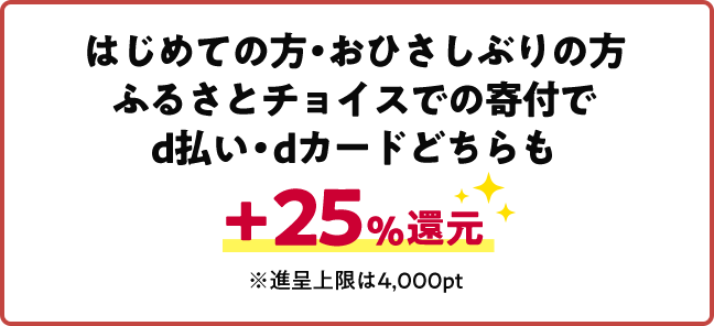 はじめての方・おひさしぶりの方ふるさとチョイスでの寄付でd払い・dカードどちらも+25%還元 ※進呈上限は4,000pt