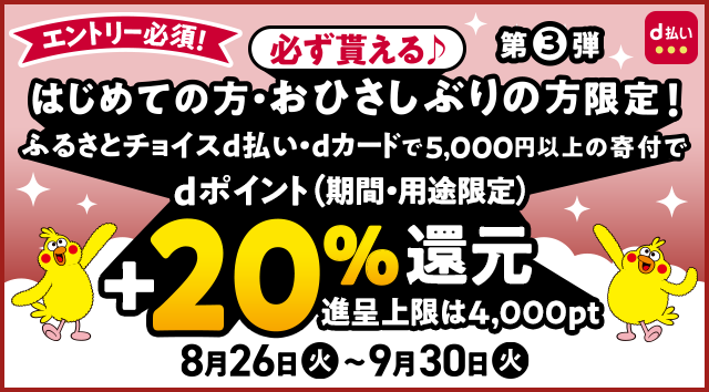 【ふるさとチョイス】初めての方・お久しぶりの方限定！必ず貰える＋20％還元キャンペーン！期間2025年8月26日（火）0：00～2025年9月30日（火）23：59