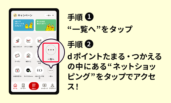 手順1：一覧へをタップ 手順2：dポイントたまる・つかえるの中にある“ネットショッピング”をタップでアクセス！