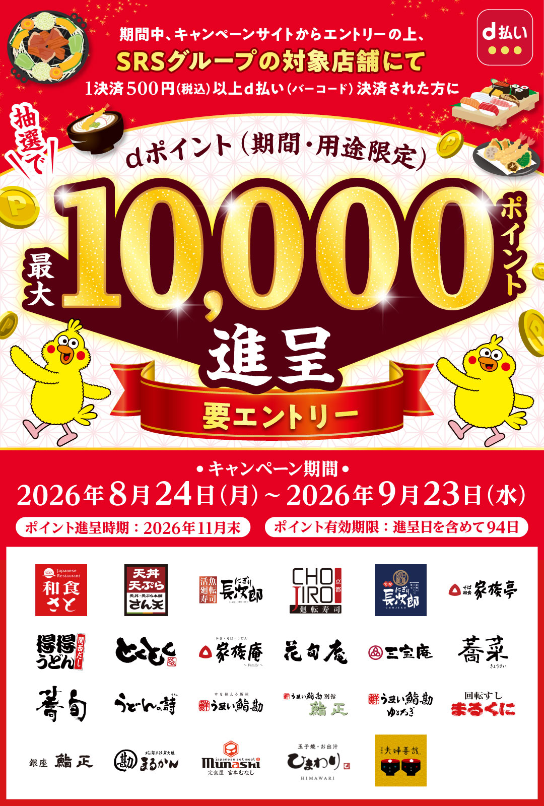 d払い 期間中、キャンペーンサイトからエントリーの上、SRSグループの対象店舗にて1決済500円（税込）以上d払い（バーコード）決済された方に 抽選でdポイント（期間・用途限定）最大10,000ポイント進呈 要エントリー キャンペーン期間 2026年8月24日（月）～2026年9月23日（水） ポイント進呈時期：2026年11月末 ポイント有効期限：進呈日を含めて94日 和食さと／天丼・天ぷら本舗 さん天／にぎり長次郎／廻転寿司CHOJIRO／宅配にぎり長次郎／家族亭／得得うどん／とくとく／家族庵ファミリー／花旬庵／三宝庵／蕎菜／蕎旬／うどんの詩／うまい鮨勘／うまい鮨勘 別館 鮨正／うまい鮨勘ゆとろぎ／回転すし まるくに／銀座 鮨正／北海三陸炭火焼 まるかん／定食屋 宮本むなし／玉子焼・お出汁 ひまわり／夫婦善哉