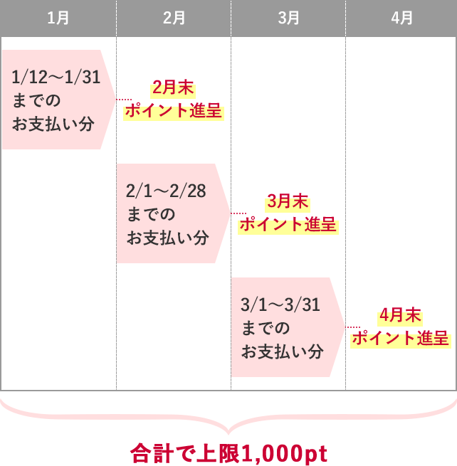 1/12～1/31 までの お支払い分→2月末 ポイント進呈、2/1～2/28 までの お支払い分→3月末 ポイント進呈、3/1～3/31 までの お支払い分→4月末 ポイント進呈、合計で上限1,000pt