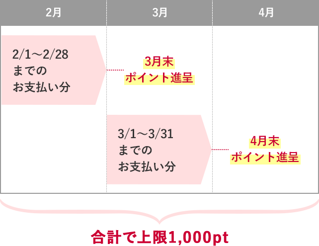 2/1～2/28 までの お支払い分→3月末 ポイント進呈、3/1～3/31 までの お支払い分→4月末 ポイント進呈、合計で上限1,000pt