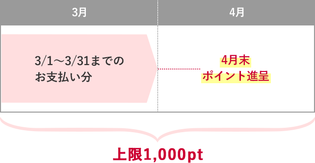 3/1～3/31までの お支払い分→4月末 ポイント進呈、上限1,000pt