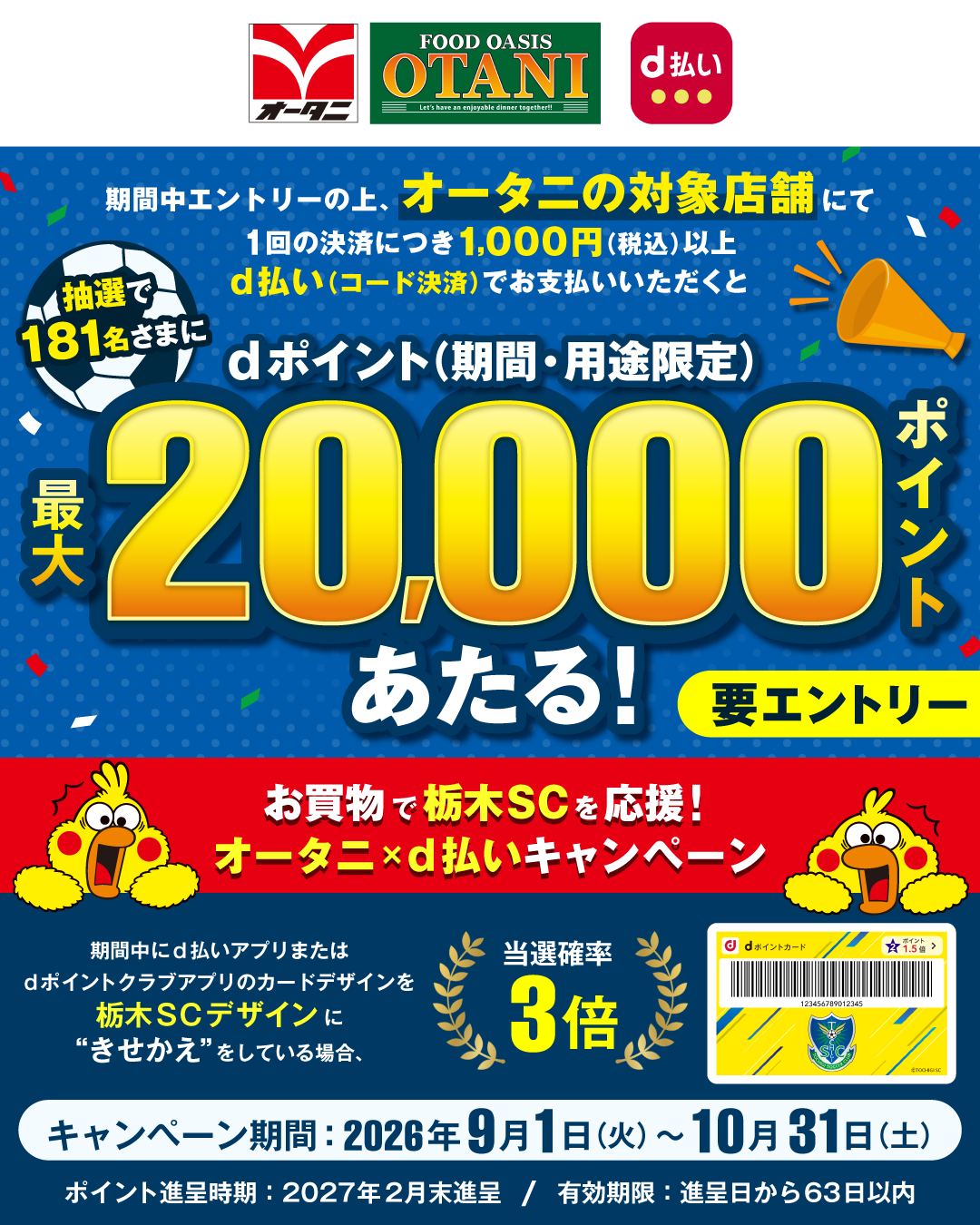 オータニ／FOOD OASIS OTANI／d払い 期間中エントリーの上、オータニの対象店舗にて1回の決済につき1,000円（税込）以上d払い（コード決済）でお支払いいただくと抽選で181名さまにdポイント（期間・用途限定）最大20,000ポイントあたる！ 要エントリー お買物で栃木SCを応援！オータニ×d払いキャンペーン 期間中にd払いアプリまたはdポイントクラブアプリのカードデザインを栃木SCデザインに“きせかえ”をしている場合、当選確率3倍 キャンペーン期間：2026年9月1日（火）～10月31日（土） ポイント進呈時期：2027年2月末進呈 ／ 有効期限：進呈日から63日以内