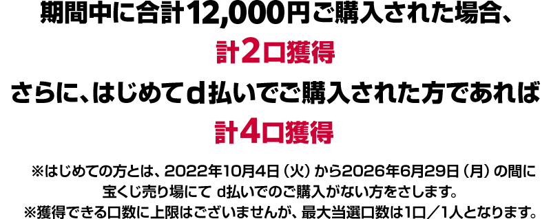 期間中に合計12,000円ご購入された場合、計2口獲得 さらに、はじめてd払いでご購入された方であれば計4口獲得 ※はじめての方とは、2022年10月4日（火）から2026年6月29日（月）の間に宝くじ売り場にてd払いでのご購入がない方をさします。※獲得できる口数に上限はございませんが、最大当選口数は1口／1人となります。
