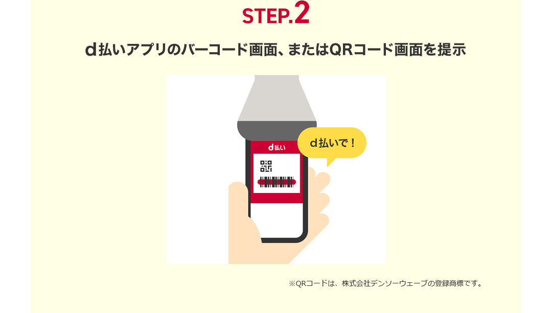 STEP.2 d払いアプリのバーコード画面、またはQRコード画面を提示 ※QRコードは、株式会社デンソーウェーブの登録商標です。