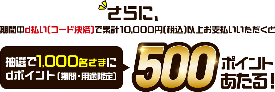 さらに、期間中d払い(コード決済)で累計10,000円(税込)以上お支払いいただくと 抽選で1,000名さまにdポイント(期間・用途限定)500ポイントあたる!