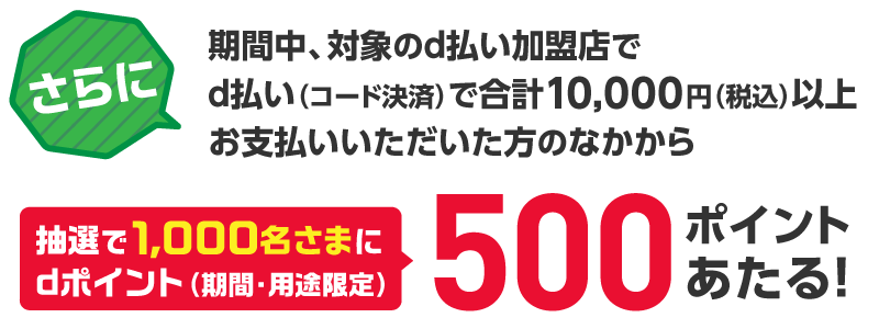 さらに 期間中、対象のd払い加盟店でd払い(コード決済)で合計10,000円(税込)以上お支払いいただいた方のなかから 抽選で1,000名さまにdポイント(期間・用途限定)500ポイントあたる!
