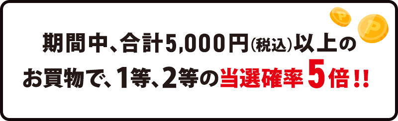 期間中、合計5,000円(税込)以上のお買物で、1等、2等の当選確率5倍!!